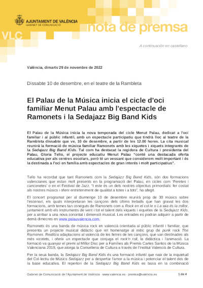El Palau de la Música inicia el ciclo de ocio familiar Menut Palau con el espectáculo de Ramonets