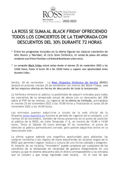 La ROSS se suma al Black Friday ofreciendo todos sus conciertos con descuentos del 30%