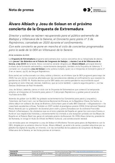Álvaro Albiach y Josu de Solaun en el próximo concierto de la Orquesta de Extremadura