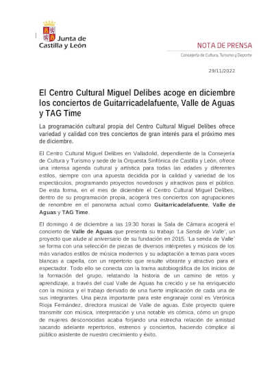 EL CCMD acoge en diciembre los conciertos de Guitarricadelafuente, Valle de Aguas y TAG Time EL CCMD acoge en diciembre los conciertos de Guitarricadelafuente, Valle de Aguas y TAG Time