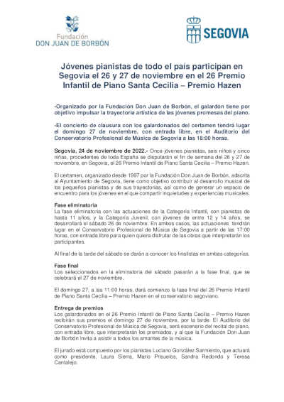 Jóvenes pianistas participan en Segovia del 26 Premio Infantil de Piano Santa Cecilia – Premio Hazen