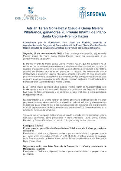 Adrián Terán González y Claudia Gema Melero Villafranca, ganadores 26 Premio Infantil de Piano Santa Cecilia–Premio Hazen