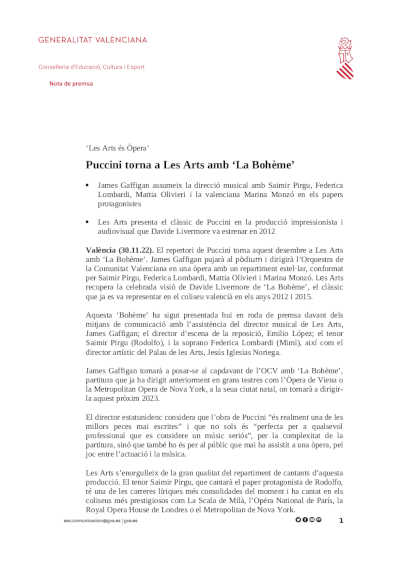 Puccini regresa a Les Arts con «La Bohème» con James Gaffigan en versión de Davide Livermore