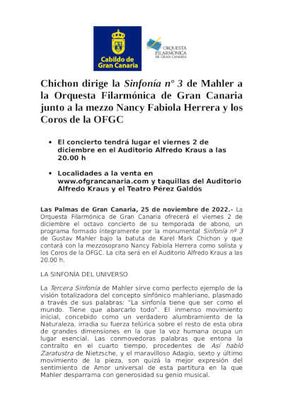 Chichon dirige la Sinfonía nº 3 de Mahler a la OFGC junto a la mezzo Nancy Fabiola Herrera y los Coros de la OFGC