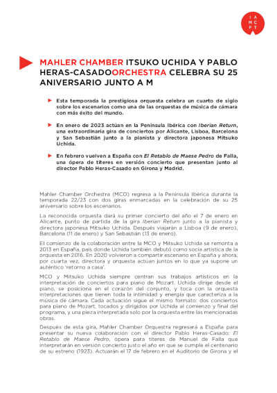 Mahler Chamber Orchestra celebra su 25 aniversario junto a Mitsuko Uchida y Pablo Heras-Casado