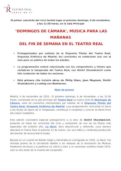 «Domíngos de Cámara», música para las mañanas del fin de semana en el Teatro Real