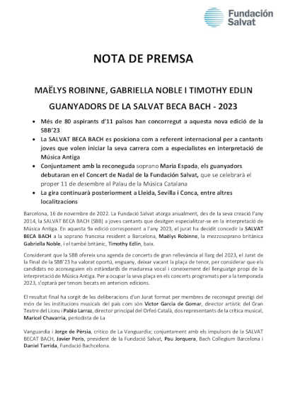 Los cantantes Maëlys Robinne, Gabriela Noble y Timothy Edlin ganan la Salvat Beca Bach – 2023