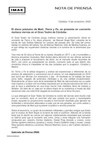 El disco póstumo de Mart, Tierra y Fe, se presenta en concierto mañana viernes en el Gran Teatro de Córdoba
