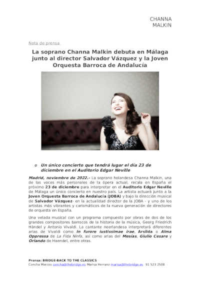 La soprano Channa Malkin debuta en Málaga junto al director Salvador Vázquez y la Joven Orquesta Barroca de Andalucía