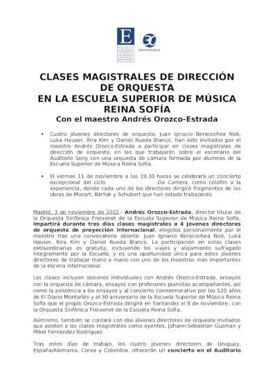 Clases Magistrales de Dirección de Orquesta en la Escuela Superior de Música Reina Sofía