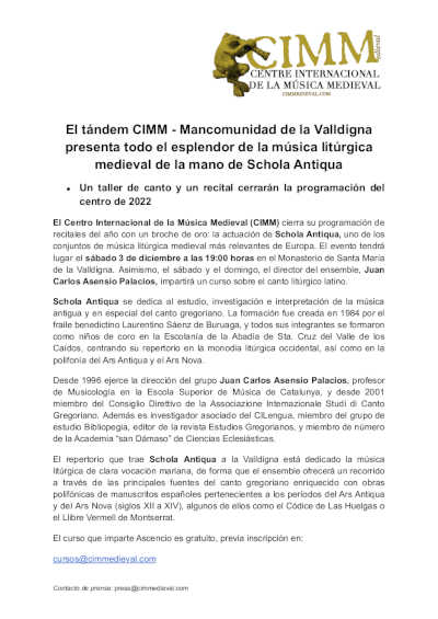 El tándem CIMM – Mancomunidad de la Valldigna presentan un recital único de la mano de Schola Antiqua