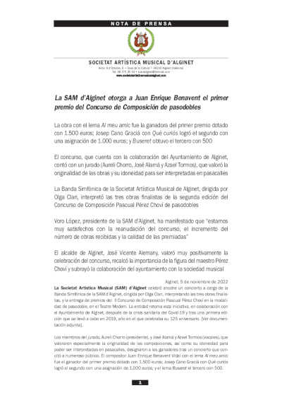 La SAM d’Alginet otorga a Juan Enrique Benavent el primer premio del Concurso de Composición de pasodobles La SAM d’Alginet otorga a Juan Enrique Benavent el primer premio del Concurso de Composición de pasodobles