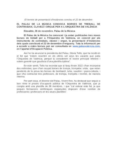 El Palau de la Música convoca bolsas de trabajo de contrabajo, clavecín y órgano