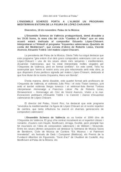 El Ensemble Scherzo lleva al Almudín un programa mediterráneo en torno a la figura de López-Chávarri