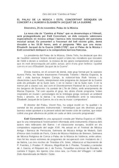 El Palau de la Música y Estil Concertant dedican un concierto a Élisabeth Jacquet de la Guerre