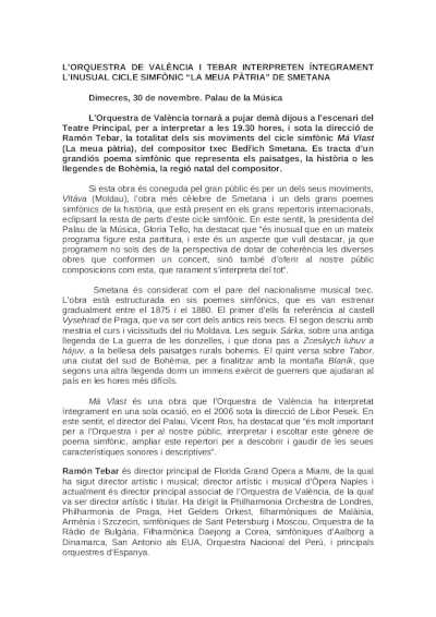 La Orquesta de València y Tebar interpretan íntegramente el inusual ciclo sinfónico «Mi Patria» de Smetana La Orquesta de València y Tebar interpretan íntegramente el inusual ciclo sinfónico «Mi Patria» de Smetana