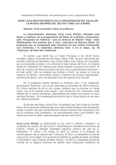 Anna Lucia Richter debuta en la programación del Palau de la Música tras su éxito con la OV en París