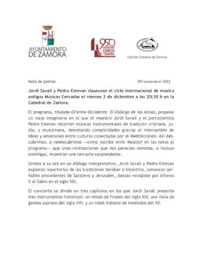 Jordi Savall y Pedro Estevan clausuran el ciclo internacional de música antigua Músicas Cercadas