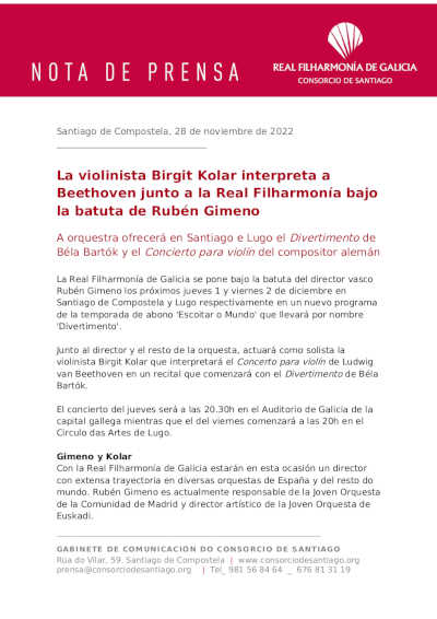 La violinista Birgit Kolar interpreta a Beethoven junto a la Real Filharmonía bajo la batuta de Rubén Gimeno