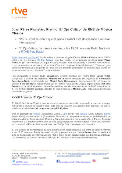 Juan Pérez Floristán, Premio «El Ojo Crítico» de RNE de Música Clásica