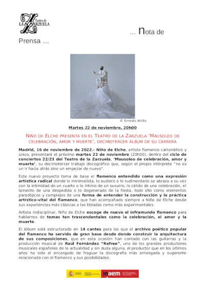 Niño de Elche presenta en el Teatro de la Zarzuela «Mausoleo de celebración, amor y muerte»