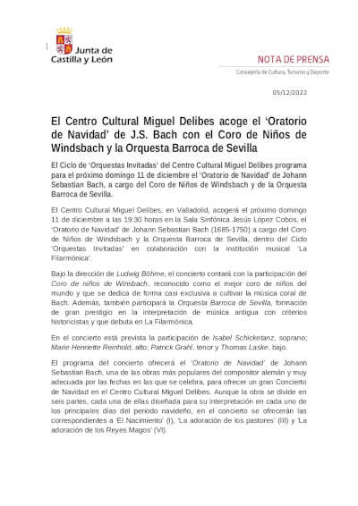 El Centro Cultural Miguel Delibes acoge el «Oratorio de Navidad» de Bach con el Coro de Niños de Windsbach y la OBS