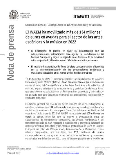 El INAEM ha movilizado más de 134 millones de euros en ayudas para el sector de las artes escénicas y la música en 2022