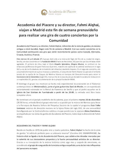 Accademia del Piacere y su director, Fahmi Alqhai, viajan a Madrid para realizar una gira de cuatro conciertos