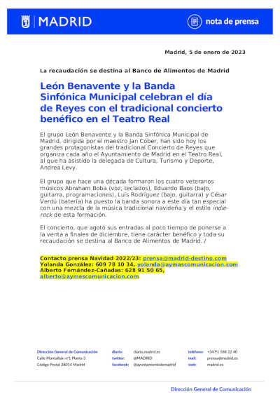 León Benavente y la Banda Sinfónica Municipal celebran el día de Reyes con el tradicional concierto benéfico en el Teatro Real