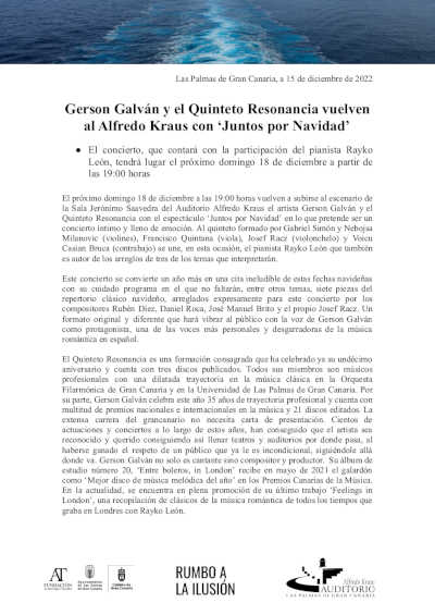 Gerson Galván y el Quinteto Resonancia vuelven al Alfredo Kraus con «Juntos por Navidad»