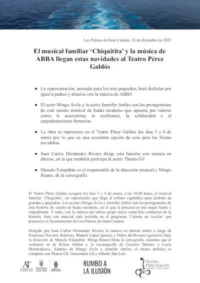 El musical familiar «Chiquitita» y la música de ABBA llegan estas navidades al Teatro Pérez Galdós