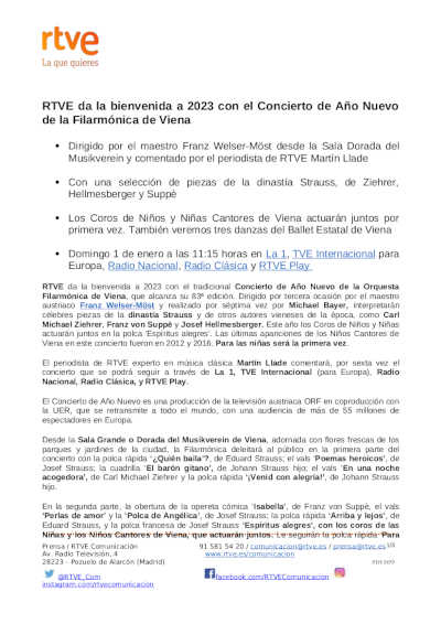 RTVE da la bienvenida a 2023 con el Concierto de Año Nuevo de la Filarmónica de Viena