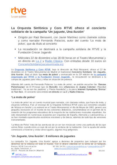 La Orquesta Sinfónica y Coro RTVE ofrece el concierto solidario de la campaña «Un juguete, Una ilusión»