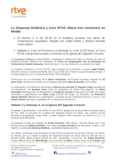 La Orquesta Sinfónica y Coro RTVE ofrece tres conciertos en Melilla