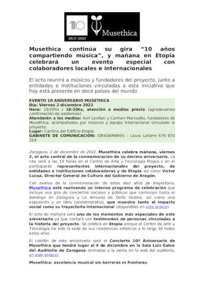 Musethica continúa su gira «10 años compartiendo música», y mañana en Etopia celebrará un evento especial