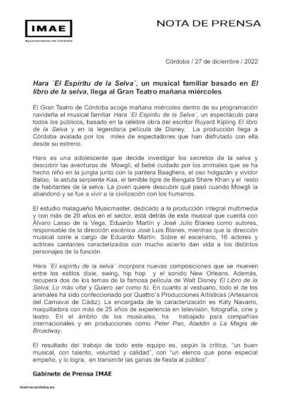 Hara «El Espíritu de la Selva», un musical familiar basado en El libro de la selva llega al Gran Teatro Hara «El Espíritu de la Selva», un musical familiar basado en El libro de la selva llega al Gran Teatro
