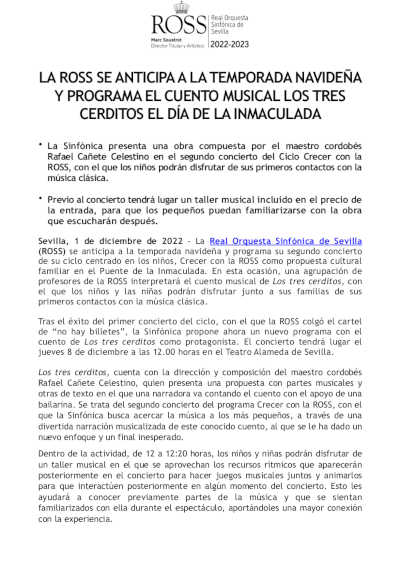 La ROSS se anticipa a la temporada navideña y programa el cuento musical de Los tres cerditos