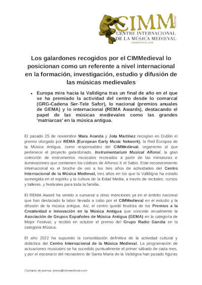 Los galardones recogidos por el CIMMedieval lo posicionan como un referente a nivel internacional en músicas medievales Los galardones recogidos por el CIMMedieval lo posicionan como un referente a nivel internacional en músicas medievales