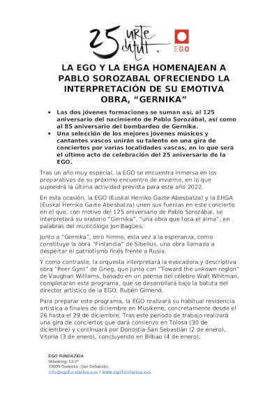La EGO y la EHGA homenajean a Pablo Sorozabal ofreciendo la interpretación de su emotiva obra, «Gernika»