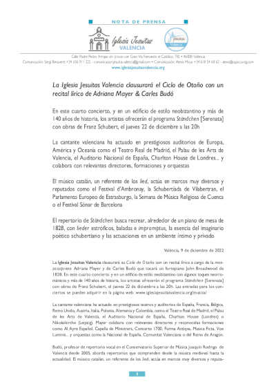 La Iglesia Jesuitas Valencia clausurará el Ciclo de Otoño con un recital lírico de Adriana Mayer & Carles Budó La Iglesia Jesuitas Valencia clausurará el Ciclo de Otoño con un recital lírico de Adriana Mayer & Carles Budó