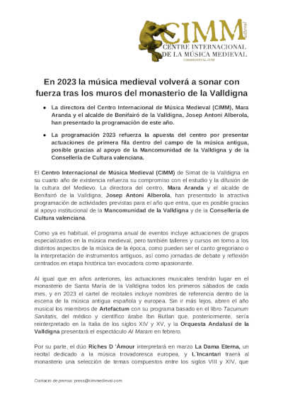 En 2023 la música medieval volverá a sonar con fuerza tras los muros del monasterio de la Valldigna