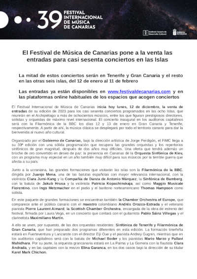El 39º Festival de Música de Canarias pone a la venta las entradas para casi sesenta conciertos en las Islas