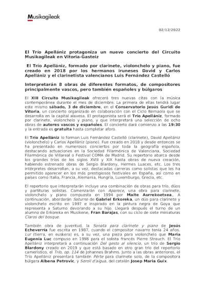 El Trío Apellániz protagoniza un nuevo concierto del Circuito Musikagileak en Vitoria-Gasteiz