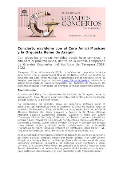 Concierto Navideño con el Coro Amici Musicae y la Orquesta Reino de Aragón en el Auditorio de Zaragoza