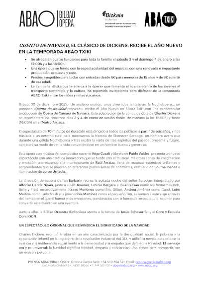 Cuento de Navidad, el clásico de Dickens recibe el año nuevo en la Temporada ABAO Txiki