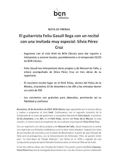 El guitarrista Feliu Gasull llega con un recital con una invitada muy especial: Sílvia Pérez Cruz
