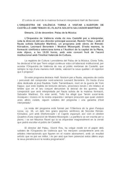 La Orquesta de València vuelve a visitar el Auditori de Castelló con Tebar y el flauta solista Salvador Martínez La Orquesta de València vuelve a visitar el Auditori de Castelló con Tebar y el flauta solista Salvador Martínez