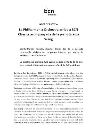 La Philharmonia Orchestra llega a BCN Clàssics acompañada de la pianista Yuja Wang La Philharmonia Orchestra llega a BCN Clàssics acompañada de la pianista Yuja Wang