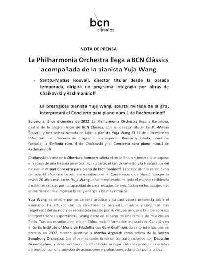 La Philharmonia Orchestra llega a BCN Clàssics acompañada de la pianista Yuja Wang La Philharmonia Orchestra llega a BCN Clàssics acompañada de la pianista Yuja Wang