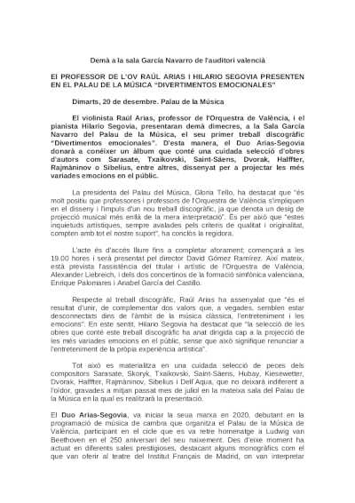 Raúl Arias e Hilario Segovia presentan «Divertimentos emocionales» en el Palau de la Música